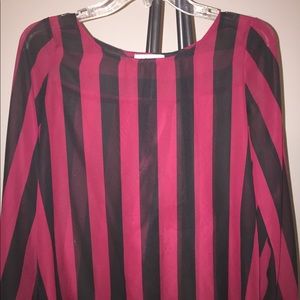 Black and red strip sheer long sleeve blouse